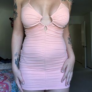 Ruched cut out mini dress in blush